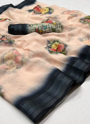Light Beige Linen Silk Casual Wear Printed Saree