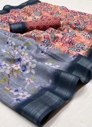 Navy Blue Linen Silk Casual Wear Printed Saree