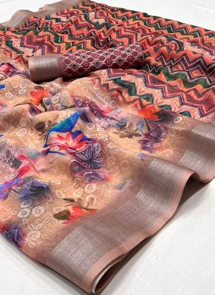 Peach Linen Silk Casual Wear Printed Saree