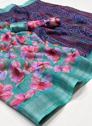 Teal Green Linen Silk Casual Wear Printed Saree