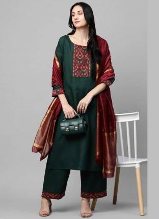 Green Ruby Cotton Casual Wear Embroidery Work Readymade Salwar Suit