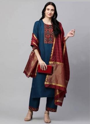 Navy Blue Ruby Cotton Casual Wear Embroidery Work Readymade Salwar Suit