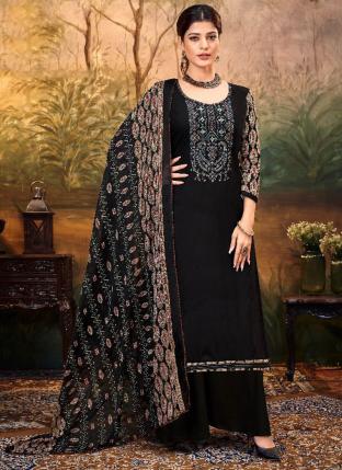 Black Pure Viscose Rayon Festival Wear Embroidery Work Palazzo Suit