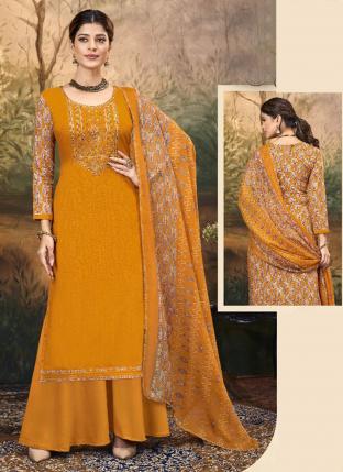 Mustard Pure Viscose Rayon Festival Wear Embroidery Work Palazzo Suit
