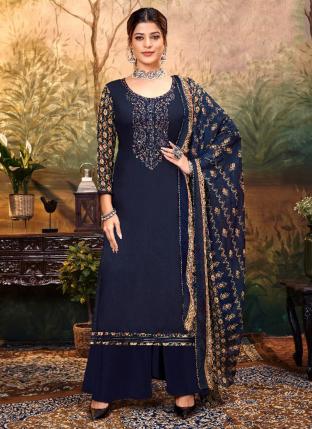 Navy Blue Pure Viscose Rayon Festival Wear Embroidery Work Palazzo Suit