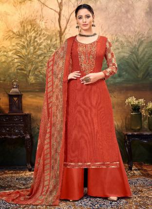 Red Pure Viscose Rayon Festival Wear Embroidery Work Palazzo Suit