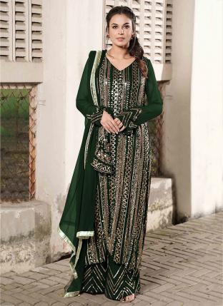 Bottle Green Faux Georgette Wedding Wear Sequins Work Pakistani Suit