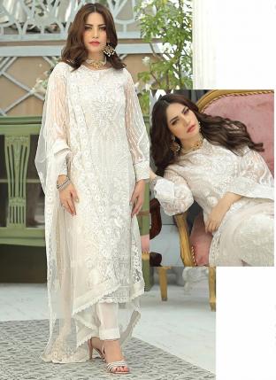 White Faux Georgette Traditional Wear Sequins Work Pakistani Suit