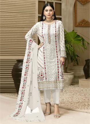 Off White Faux Georgette Festival Wear Moti Work Pakistani Suit