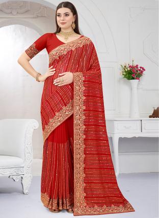Red Georgette Wedding Wear Zari Embroidery Saree