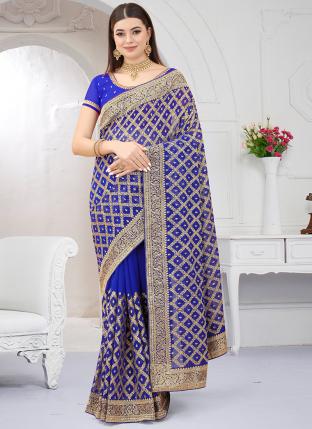 Royal Blue Georgette Wedding Wear Zari Embroidery Saree