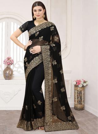 Black Silk Festival Wear Zari Embroidery Saree