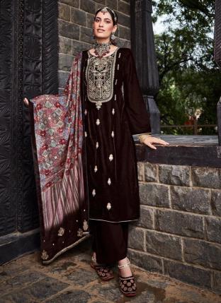 Brown Velvet Party Wear Embroidery Work Palazzo Suit