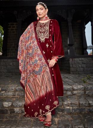Maroon Velvet Party Wear Embroidery Work Palazzo Suit