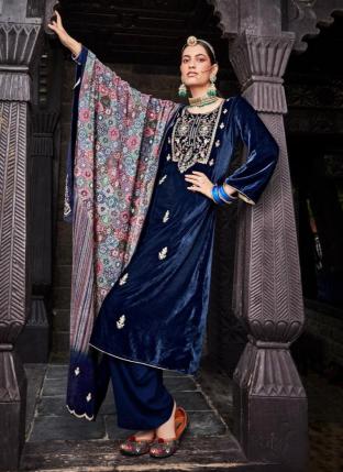Navy Blue Velvet Party Wear Embroidery Work Palazzo Suit