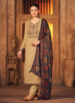 Beige Pashmina Winter Wear Embroidery Work Salwar Suit