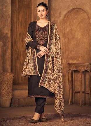Black Pashmina Winter Wear Embroidery Work Salwar Suit