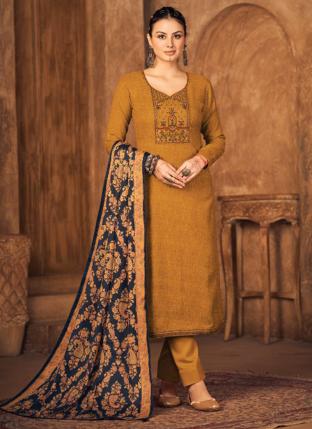 Mustard Pashmina Winter Wear Embroidery Work Salwar Suit