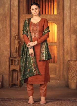 Rust Pashmina Winter Wear Embroidery Work Salwar Suit