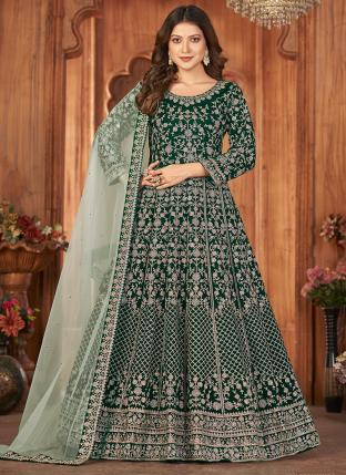Green Velvet Wedding Wear Embroidery Work Anarkali Suit