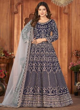 Navy Blue Velvet Wedding Wear Embroidery Work Anarkali Suit