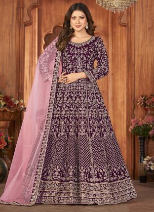 Purple Velvet Wedding Wear Embroidery Work Anarkali Suit
