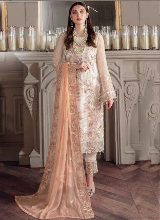 Off White Faux Georgette Party Wear Embroidery Work Pakistani Suit