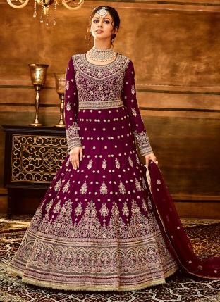 Purple Pure Georgette Wedding Wear Embroidery Work Anarkali Suit