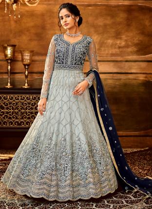 Sky blue Butterfly Net Wedding Wear Embroidery Work Anarkali Suit