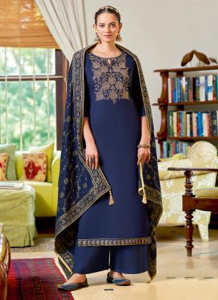 Navy Blue Pashmina Daily wear Embroidery Work Palazzo Suit