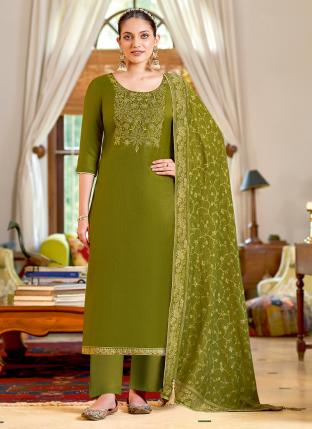 Olive Green Pashmina Daily wear Embroidery Work Palazzo Suit