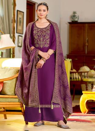 Purple Pashmina Daily wear Embroidery Work Palazzo Suit