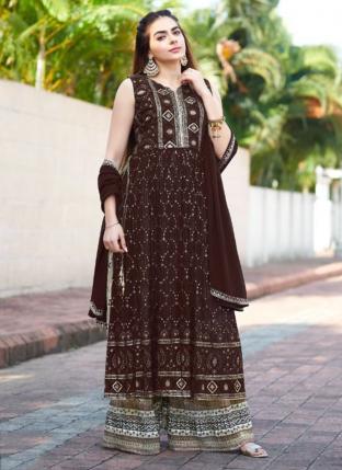 Brown Georgette Party Wear Embroidery Work Palazzo Suit