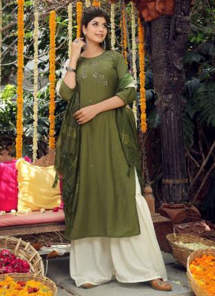 Green Cotton Silk Festival Wear Hand Work Readymade Salwar Suit