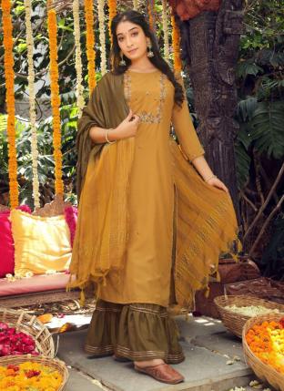 Mustard Cotton Silk Festival Wear Hand Work Readymade Salwar Suit