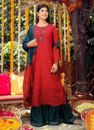 Red Cotton Silk Festival Wear Hand Work Readymade Salwar Suit