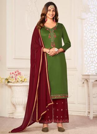Green Pure Jam Festival Wear Embroidery Work Palazzo Suit