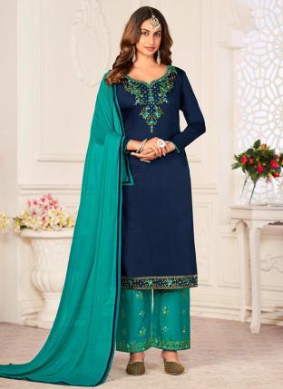 Navy Blue Pure Jam Festival Wear Embroidery Work Palazzo Suit
