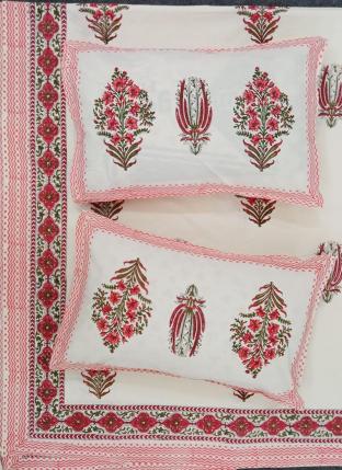 108*108 Dark Pink Cotton Winter Wear Block Print Bedsheet With Pillow Cover