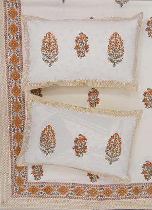 108*108 Mustard Cotton Winter Wear Block Print Bedsheet With Pillow Cover
