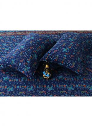 95*108 Blue Cotton Winter Wear Block Print Bedsheet With Pillow Cover