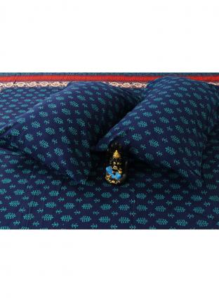 95*108 New Blue Cotton Winter Wear Block Print Bedsheet With Pillow Cover