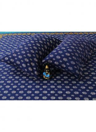 95*108 Fancy Blue Cotton Winter Wear Block Print Bedsheet With Pillow Cover