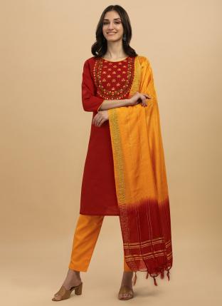 Red Slub Cotton Casual Wear Embroidery Work Readymade Salwar Suit