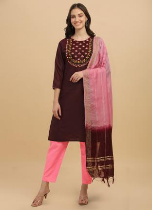 Wine Slub Cotton Casual Wear Embroidery Work Readymade Salwar Suit