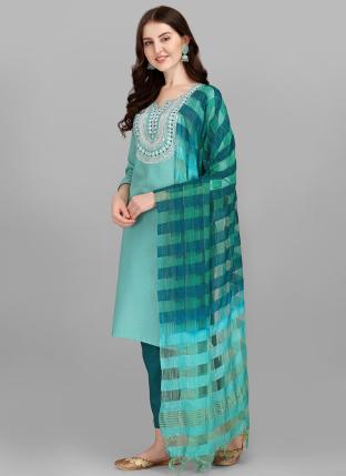 Firozi Slub Cotton Regular Wear Embroidery Work Readymade Salwar Suit
