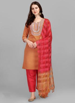 ORANGE Slub Cotton Regular Wear Embroidery Work Readymade Salwar Suit