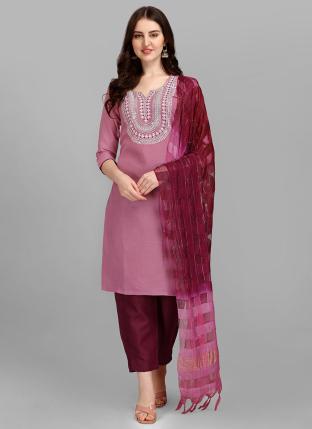 Pink Slub Cotton Regular Wear Embroidery Work Readymade Salwar Suit
