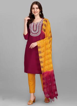 Purple Slub Cotton Regular Wear Embroidery Work Readymade Salwar Suit