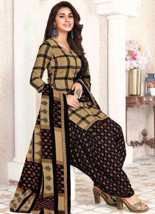 Beige Pure Cotton Regular Wear Printed Patiyala Suit
